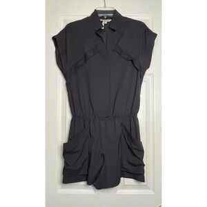 BCBGeneration Charcoal Grey Ruffle Cargo Romper Women Small Cap Sleeve Mock Neck